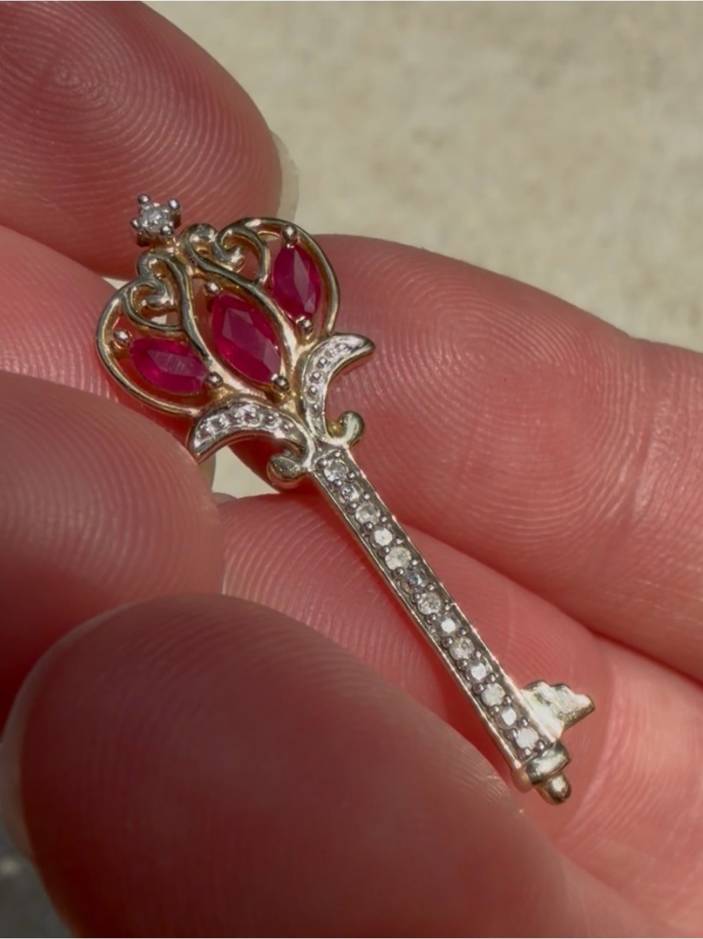 14K Gold Ruby Key Pendant